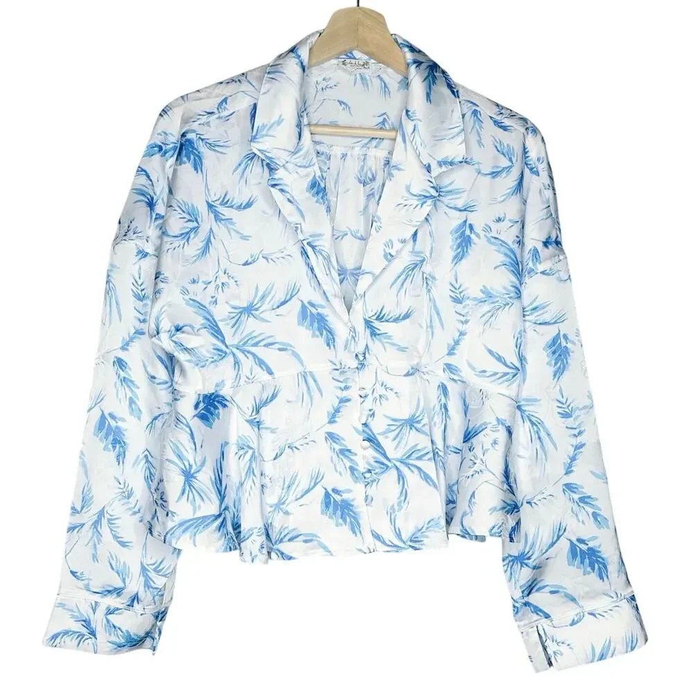 Free People Intimately Beauty Sleep Pajama Top Medium Blue Ivory Floral Button
